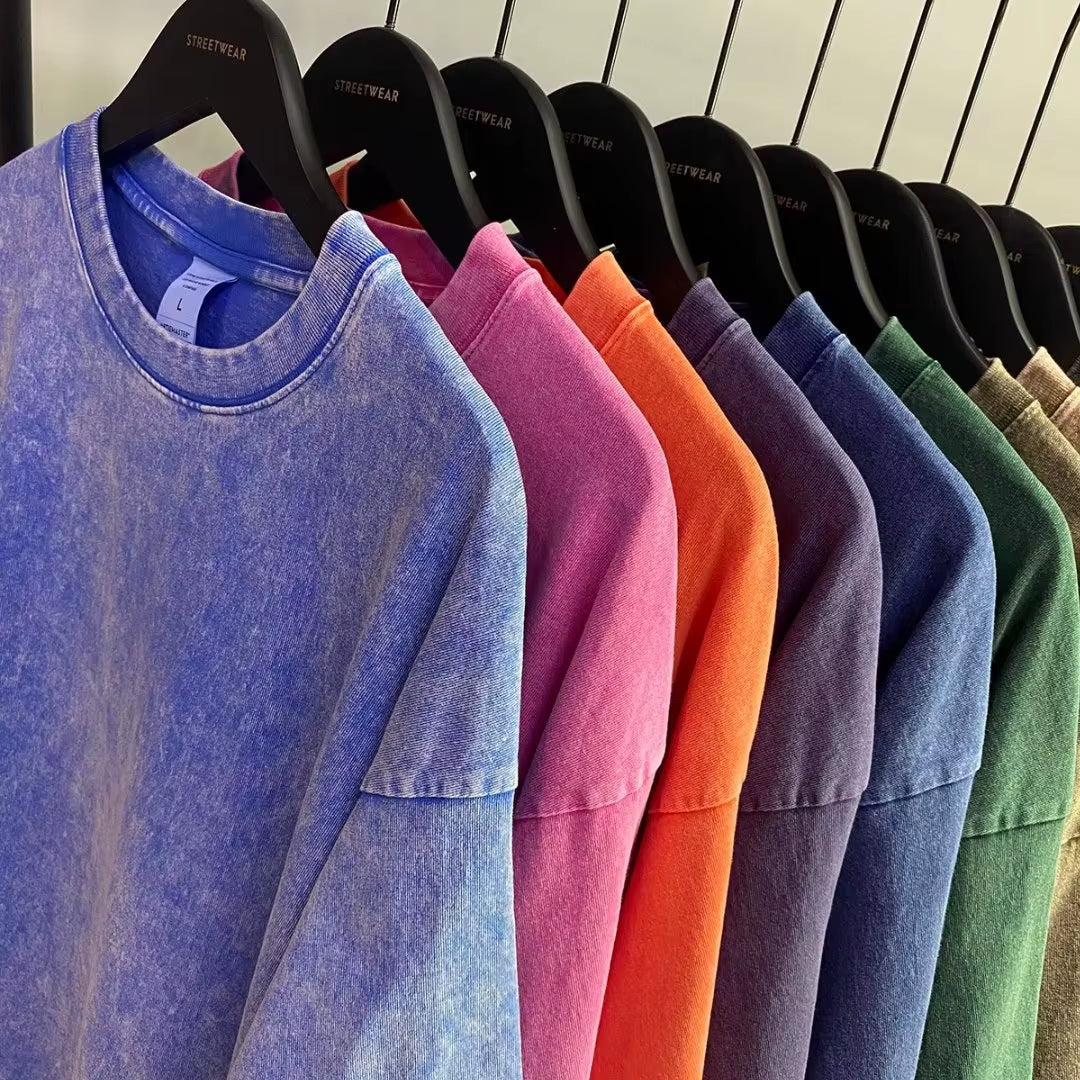 American Style Retro Heavyweight Solid Color Short Sleeved T-Shirt Men Women Summer Street Trendy Washed Old Oversized Clothes